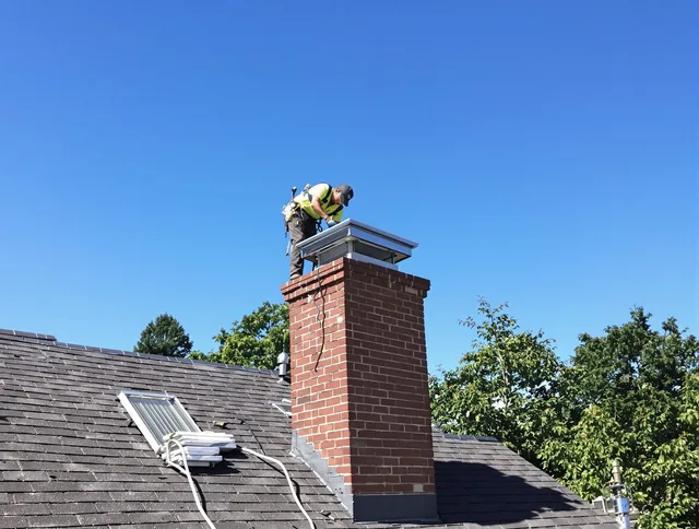 Hull Chimney Sweep technician measuring a chimney cap in Hull, MA