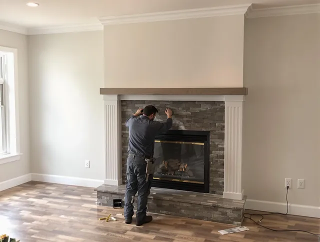 Hull Chimney Sweep finishing a custom fireplace install in Hull, MA